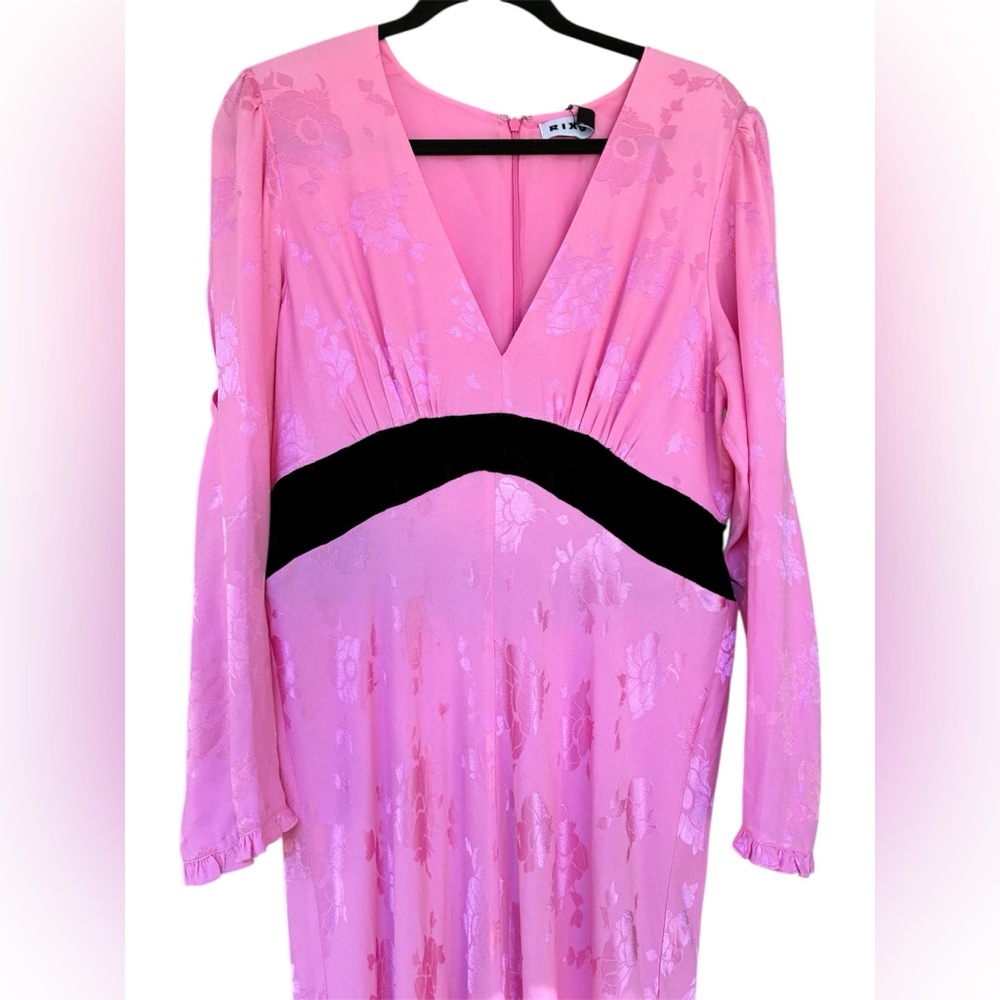 NWT Rixo Bambi Pink Floral Embellished Maxi Dress Black Velvet Waist Large NoBow - Picture 3 of 11